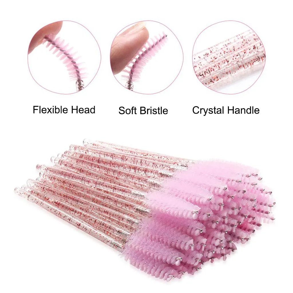 100PCS Eyelash Brush Disposable Mascara Wands Crystal Applicators Pink