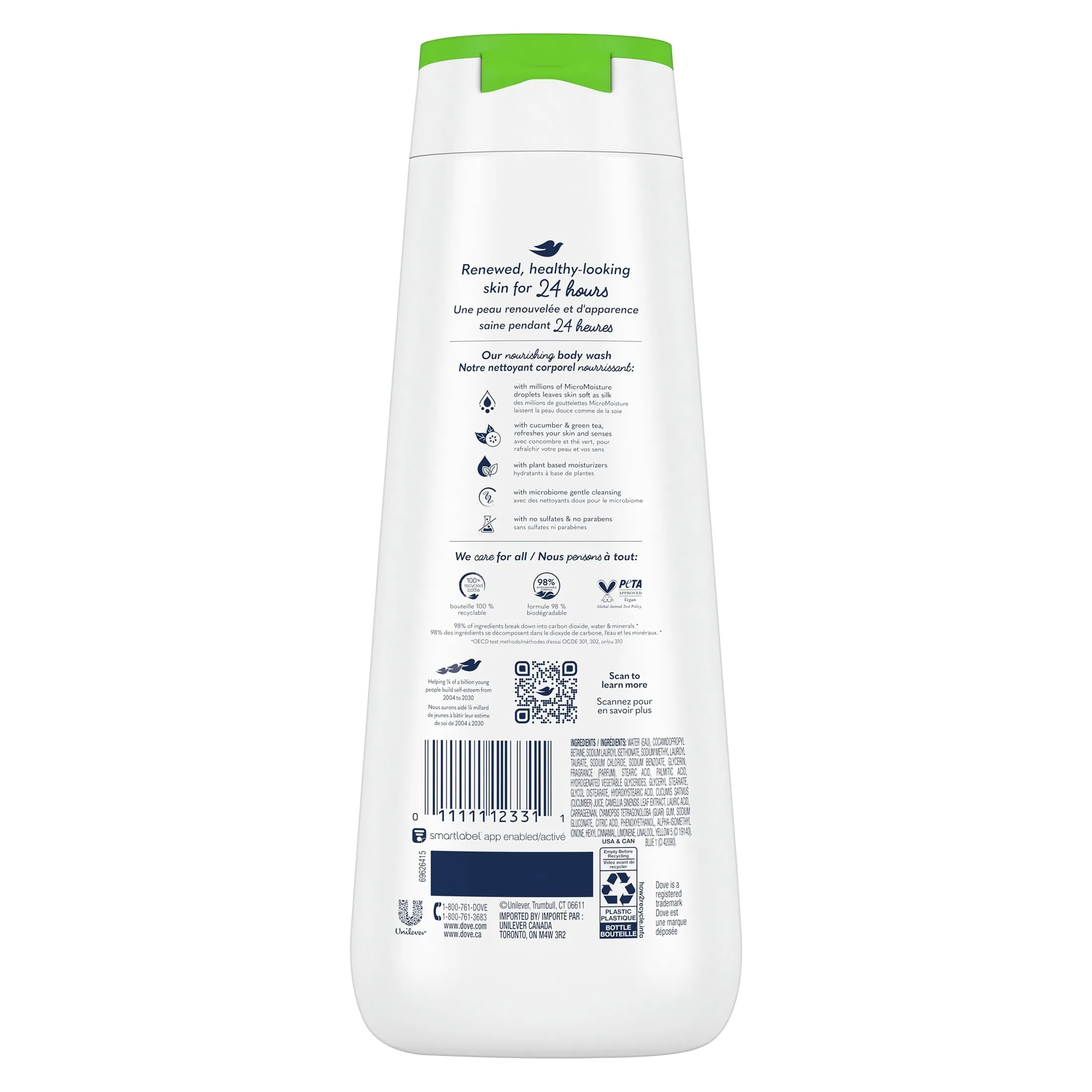 Dove Refreshing Long Lasting Gentle Body Wash, Cucumber and Green Tea, 20 fl oz