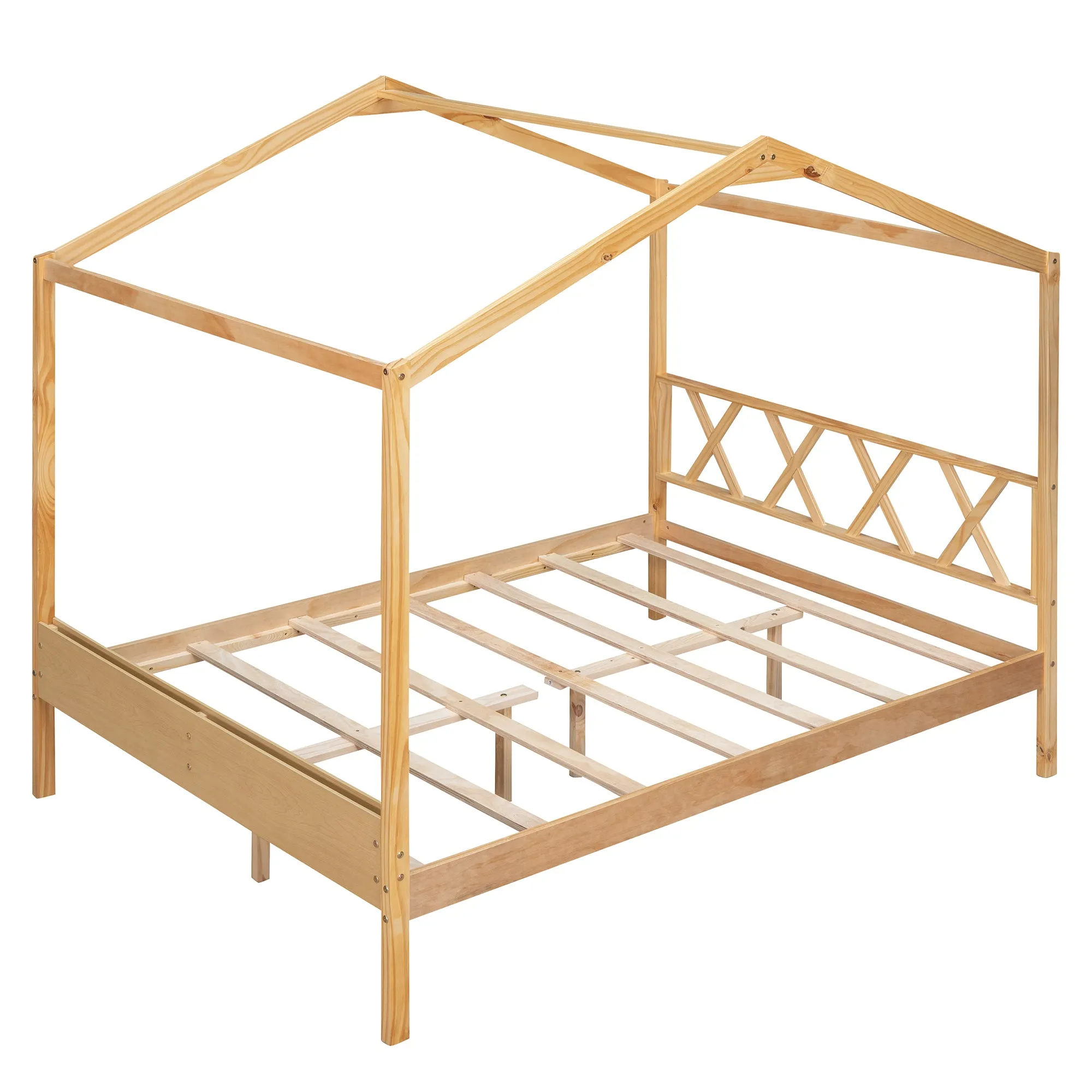 Full Size Wood House Bed with Storage Space, Natural