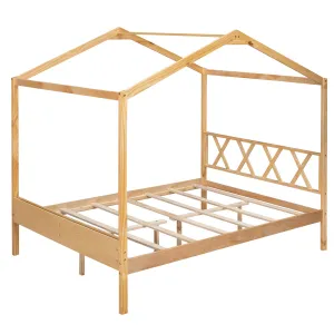 Full Size Wood House Bed with Storage Space, Natural