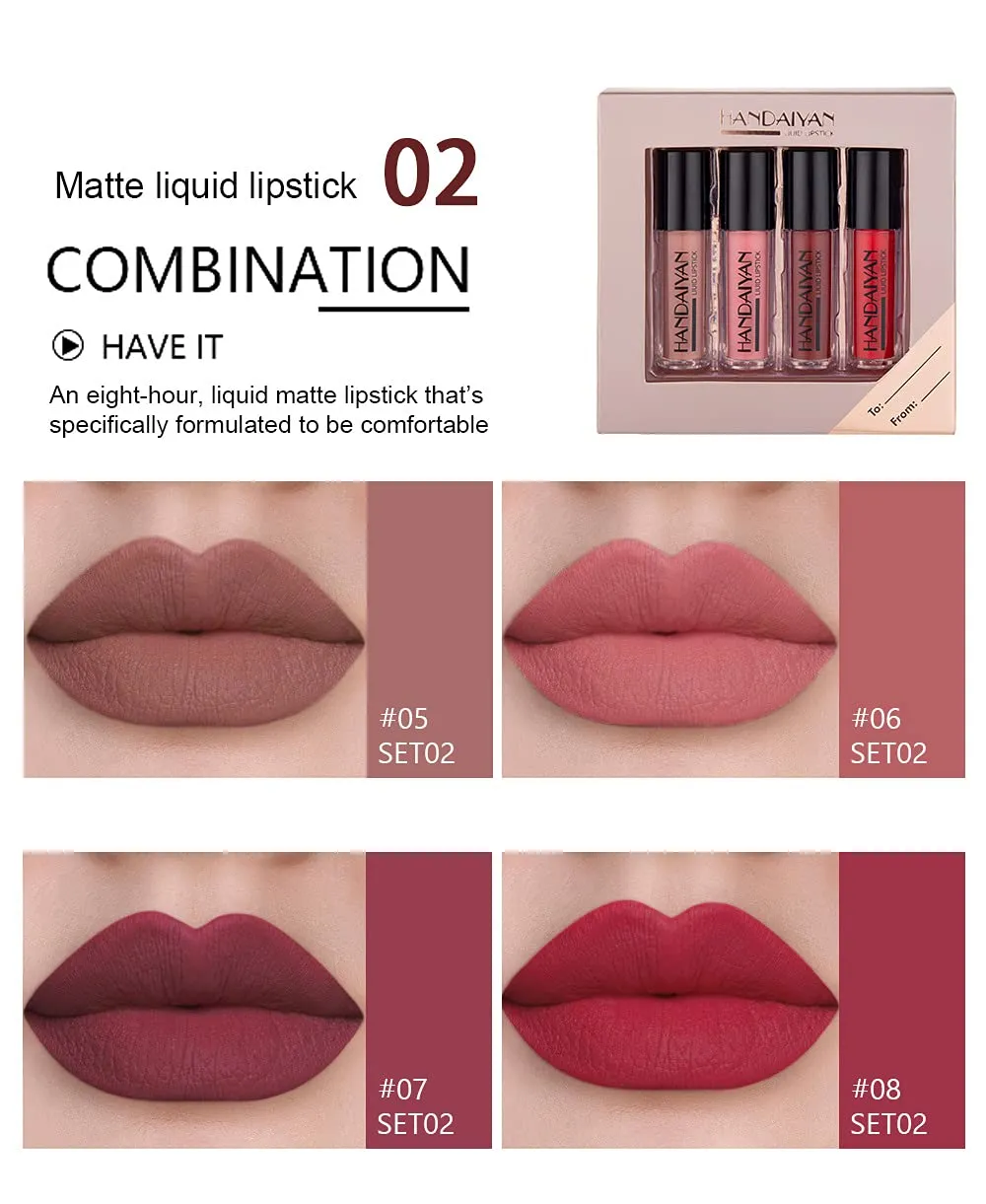 HANDAIYAN Matte Liquid Lipstick Set - Long-Lasting Waterproof and Smudge Proof Lipsticks for Women in 4 Vibrant Matte Shades - Perfect for Any Occasion! (SET 02)