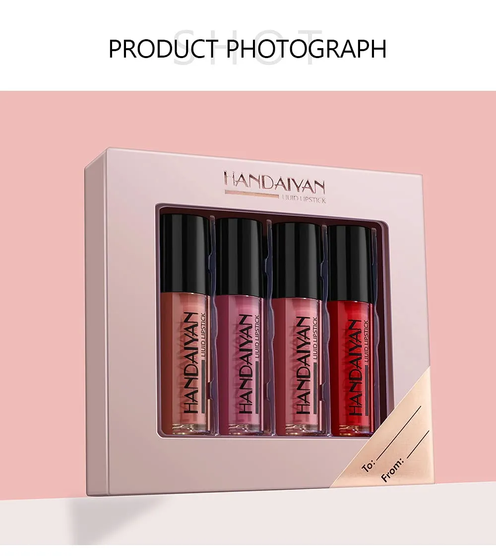 HANDAIYAN Matte Liquid Lipstick Set - Long-Lasting Waterproof and Smudge Proof Lipsticks for Women in 4 Vibrant Matte Shades - Perfect for Any Occasion! (SET 02)