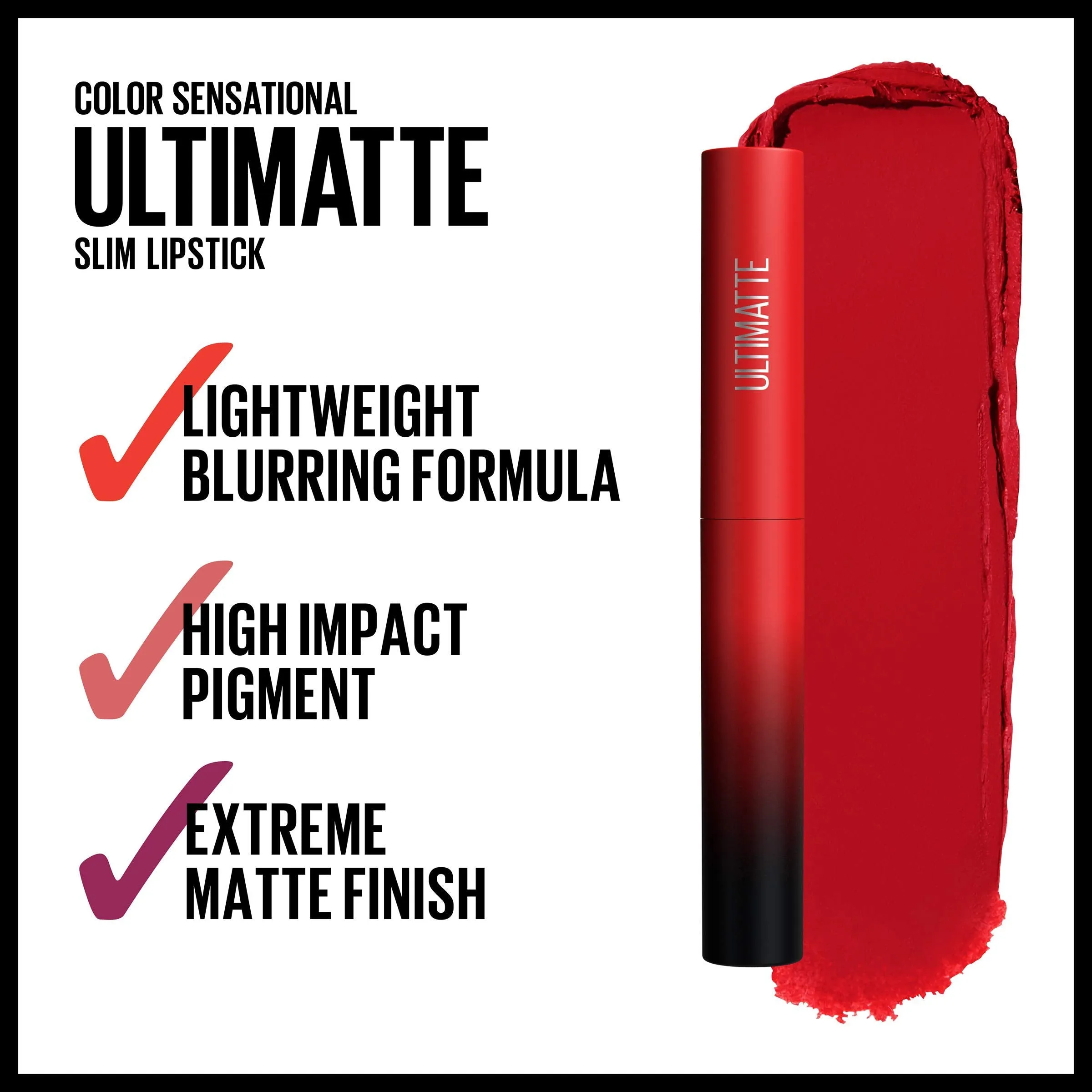 Maybelline Color Sensational Ultimatte Matte Lipstick, Non-Drying, Intense Color Pigment, More Ruby, Ruby Red, 1 Count