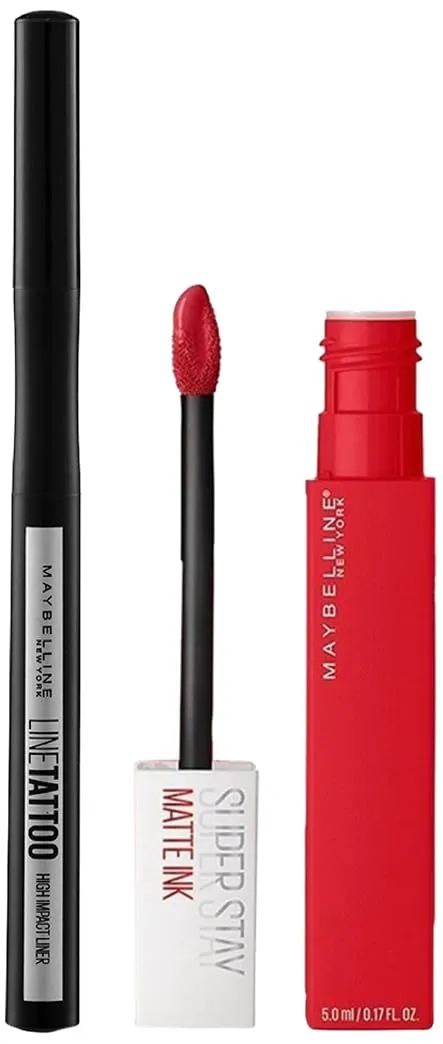 Maybelline New York Super Stay Matte Ink Liquid Lipstick, 220 Ambitious, 5ml & Maybelline New York Line Tattoo High Impact Liner Black, 1g