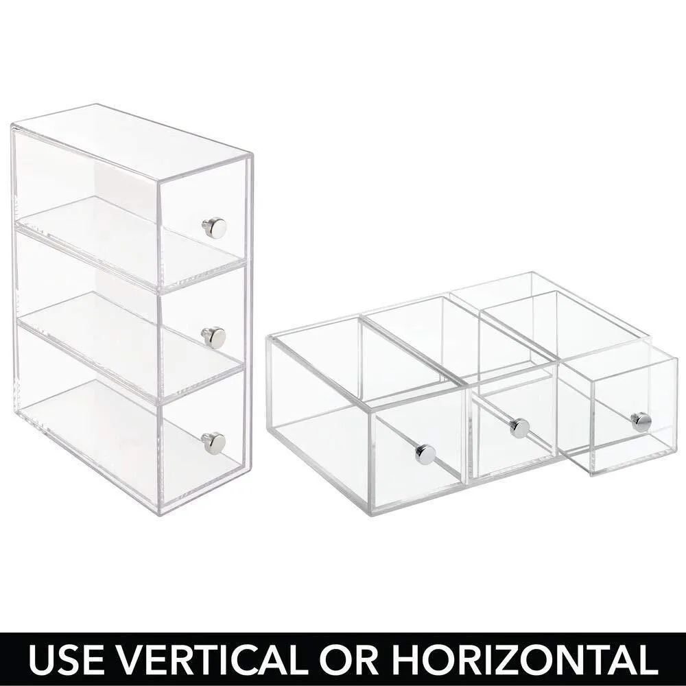 mDesign Plastic Kitchen Pantry, Cabinet, Countertop Organizer Storage Station with 3 Drawers for Coffee, Tea, Sugar Packets, Sweeteners, Creamers, Drink Pods, Packets - 4 Pack - Clear