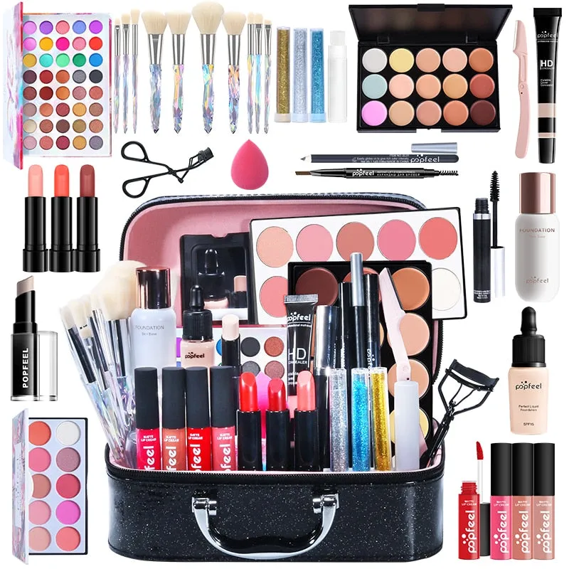 POPFEEL All In One Makeup Kit(Eyeshadow, LiGloss,Lipstick,Brushes,Eyebrow,Concealer)Beauty Cosmetic Bag