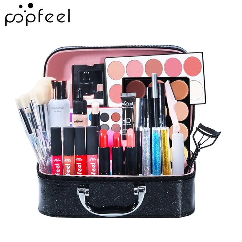 POPFEEL All In One Makeup Kit(Eyeshadow, LiGloss,Lipstick,Brushes,Eyebrow,Concealer)Beauty Cosmetic Bag