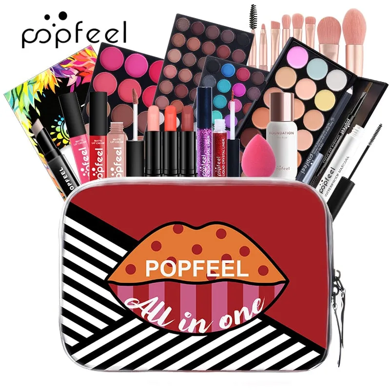 POPFEEL All In One Makeup Kit(Eyeshadow, LiGloss,Lipstick,Brushes,Eyebrow,Concealer)Beauty Cosmetic Bag