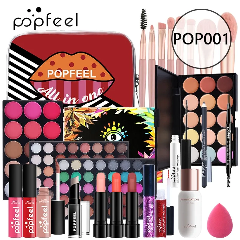 POPFEEL All In One Makeup Kit(Eyeshadow, LiGloss,Lipstick,Brushes,Eyebrow,Concealer)Beauty Cosmetic Bag