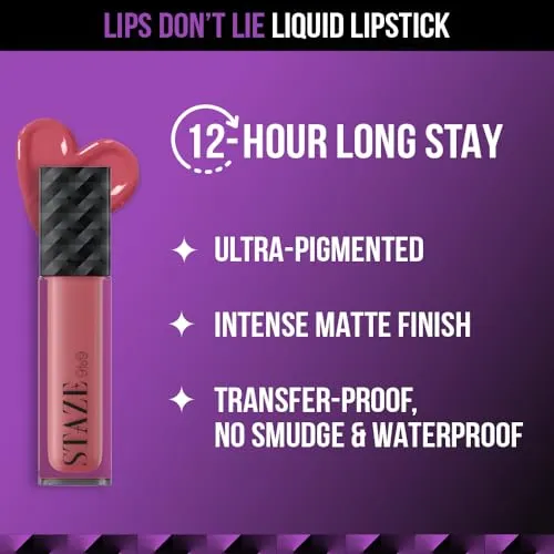 Staze 9to9 Lips Don't Lie Matte   Transferproof Liquid Lipstick |Intense Color Payoff | Lightweight & Comfortable | 12 Hour Long Stay| 11 Nude Attitude | 4 ml