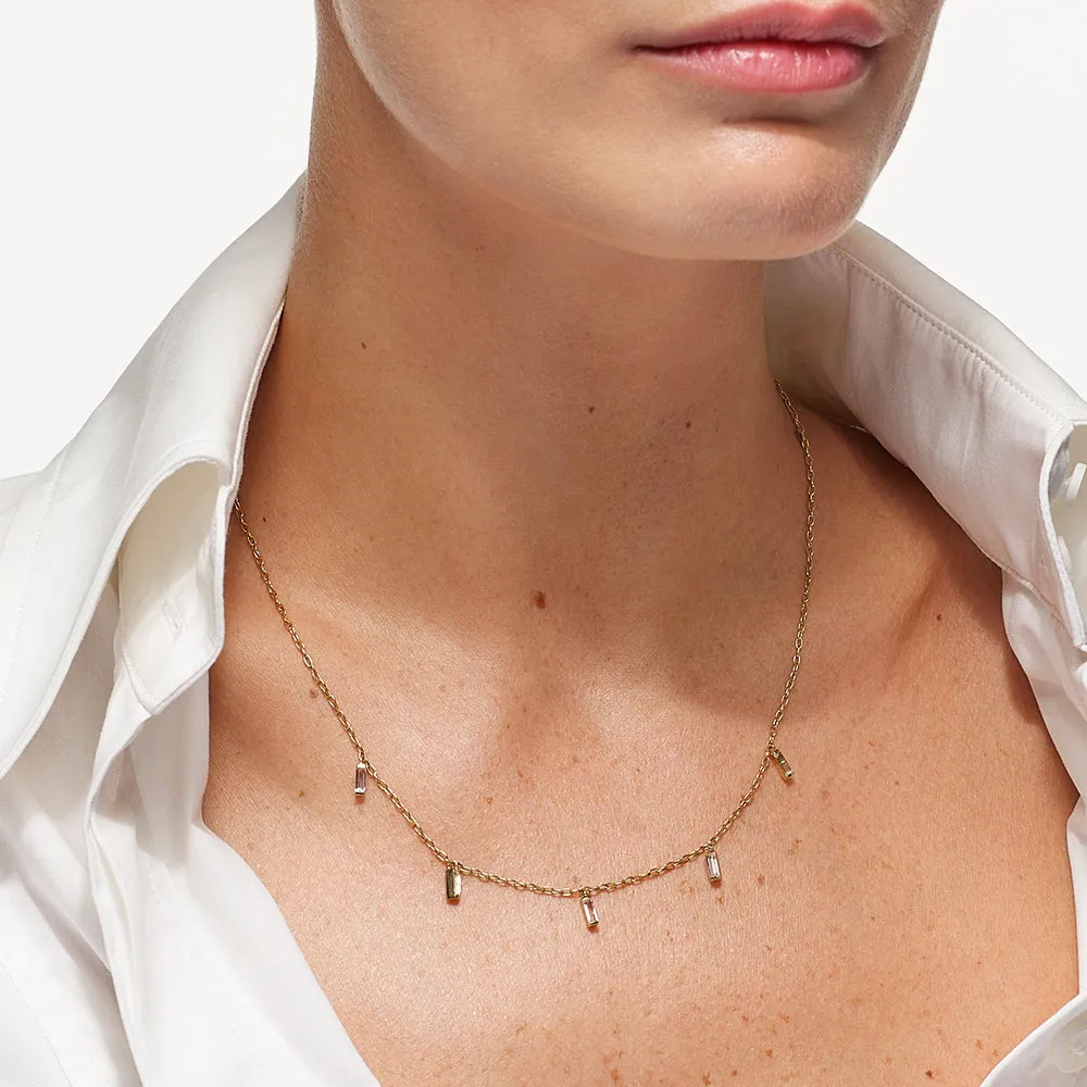 White Topaz Baguette Droplet Chain Necklace in Gold